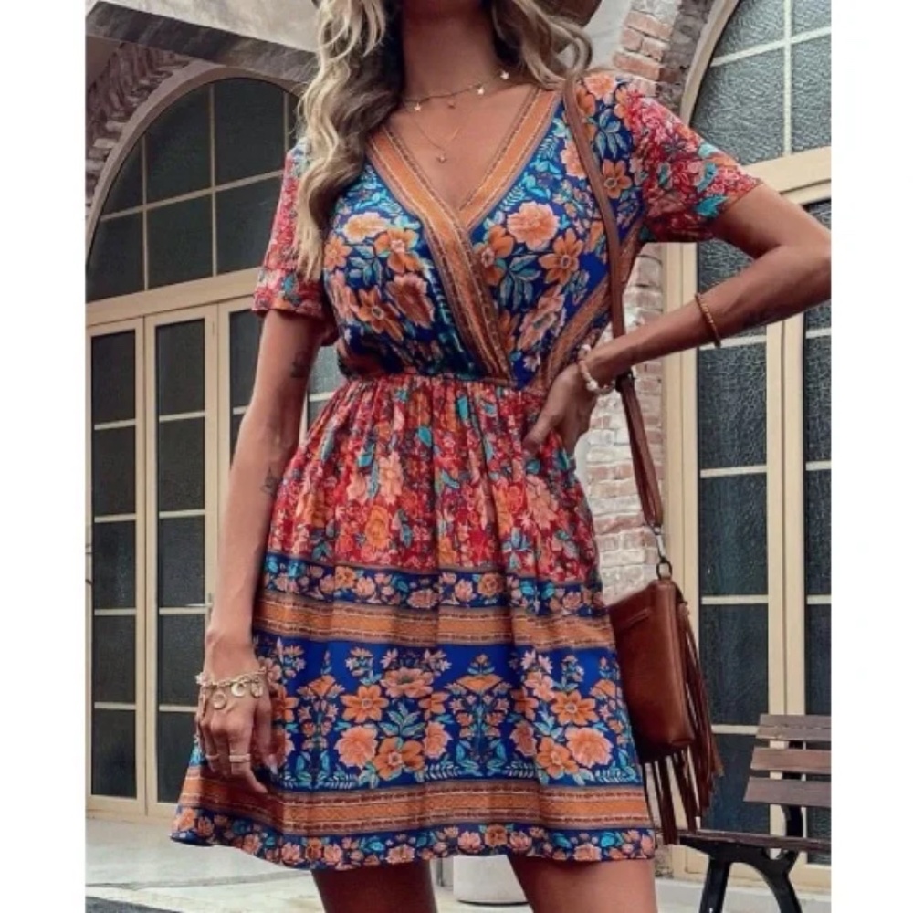 Boho Floral Print Short Sleeve Cottagecore Mini Dress - Picture 12 of 16